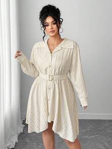 Elenzga Plus Size Women's Elegant Gold Striped Apricot Color Dress - Beige - View 7