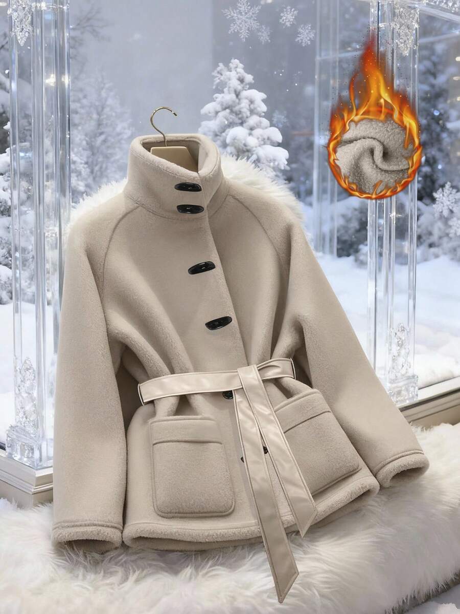 GlowEve 女士时尚毛茸茸腰带常规夹克，秋冬 - 卡其色 - 查看 1