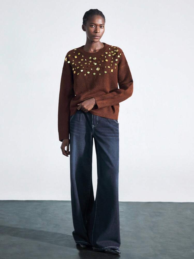 SHEIN Maija 여성 가을 캐주얼 스팽글 장식 라운드넥 긴소매 스웨터, 가을/겨울