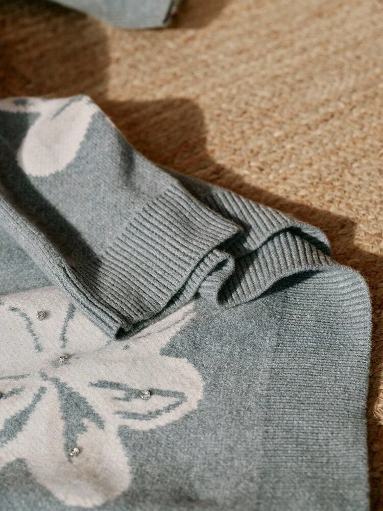 Elegant Floral Gray Rhinestone Embellished Pullover Sweater, Chic & Stylish For Commute, Fall, Winter, New Year, Christmas, Going Out