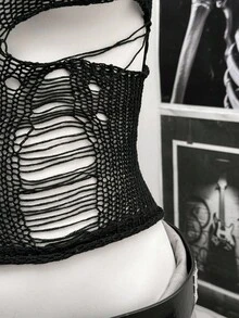 StreetHx Streetwear Women's Solid Black Hollow Out Crochet Sleeveless Knit Top - Black - View 5