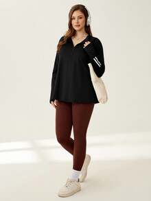 Auralis Sudadera con capucha deportiva de manga larga con agujero para el pulgar, bloques de color y rayas, talla grande, conjunto de chándal, camiseta deportiva para mujer para otoño/invierno - Negro - Ver 5