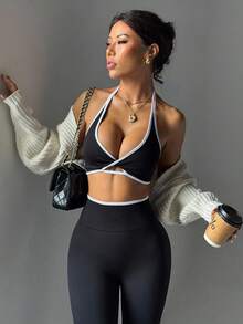 Slayform 女式撞色绑带吊带上衣和高腰紧身裤运动套装