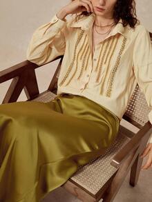 Chiquease 优雅办公室套装，闪亮流星雨开衫衬衫搭配缎面美人鱼裙两件套，法式风格女式衬衫，夏季女式衬衫，新款优雅现代女式衬衫，女士上衣和衬衫，优雅女式衬衫，职业装女式衬衫，女士衬衫和上衣，女士休闲现代女式衬衫 - 黃色 - 查看 3
