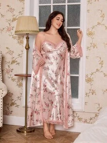 FloralLove Bộ đồ ngủ hai dây phối ren họa tiết hoa và áo choàng bằng vải satin Bộ đồ ngủ Bộ đồ ngủ cho nữ Bộ đồ lót Áo choàng Bộ đồ ngủ cỡ lớn, Mùa đông - Nhiều màu - Xem 6