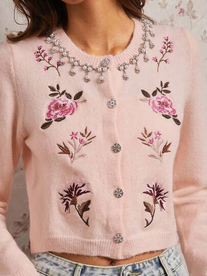 Enchnt Cardigan casual da donna con collo rotondo, maniche raglan e ricamo floreale monopetto