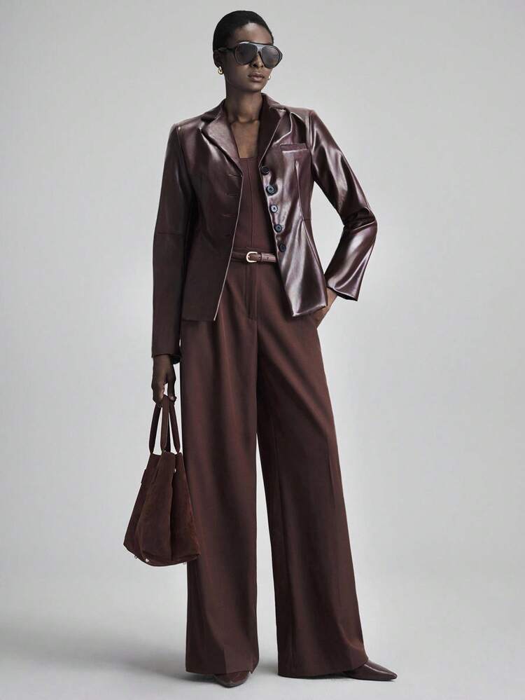 Women's Burgundy PU Leather Single-Breasted Jacket,Autumn Chic Office Wear,Modern Urban Casual Fashion,Vintage-Style Business Commute Motorcycle Coat