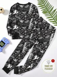1set Teen Boys Snug Fit Pajamas, Black Football Graffiti Allover Print Long Sleeve Top And Pants, Spring/Autumn - Black - View 2