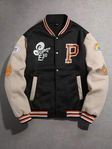 Manfinity Campus Court Aesthetic Post--Men's Casual College Winter Jacket, Style Button Up Baseball Varsity Jacket, Outdoor,Academy, Grunge - Black - View 1