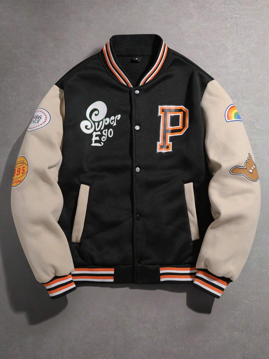 Manfinity Campus Court Aesthetic Post--Men's Casual College Winter Jacket, Style Button Up Baseball Varsity Jacket, Outdoor,Academy, Grunge - Black - View 1