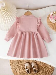 SHEIN Vintaside Kids 女婴针织长袖毛衣裙，适合秋冬季，粉色和浅粉色，百搭，优雅，荷叶边领，纹理，时尚，可爱，适合上学、日常穿着、居家、户外、旅行 - 粉色 - 查看 2