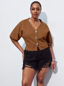 Maija Plus Size Women V-Neck Drop Shoulder Short Sleeve Casual Cropped Cardigan Knit Top, Versatile For Urban Commute, Business Casual, Elegant Outfit