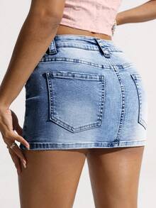 SHEIN ICON Women's Summer Street Fashion Washed Asymmetric Pocket Mini Denim Skirt - Medium Wash - View 2