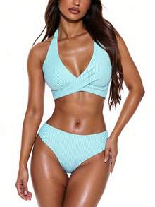 Swim Mod Springbreak Women Summer Beach Stripe Random Print Criss-Cross Tied Back Tankini Top And Patchwork Swim Shorts 2 Pieces Swimsuit Set - Blue and White - View 6