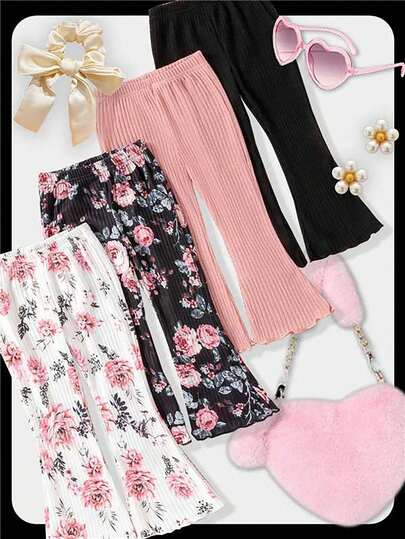 SHEIN 4pcs Young Girl Bohemian Floral + Solid Color Flare Leg Pants Casual Trousers, Versatile For Spring & Summer
