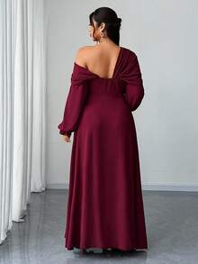 Elenzga Vestido largo elegante y romántico para mujer de talla grande, para fiesta, reunión y boda, de gasa fluida, con escote asimétrico, manga larga, corte A con abertura alta, para primavera/otoño/invierno - Burdeos - Ver 2