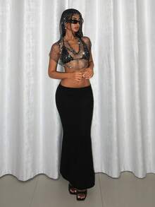 EgrlEra 女士水钻装饰连帽宽松透视短款上衣，适合音乐节和派对穿着 - 黑色 - 查看 3