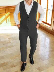 Manfinity Mode Men's Single-Breasted Casual Sleeveless Waistcoat And Suit Pants Business Formal Set - Dark Grey - View 7