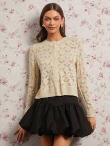 Enchnt Áo len cardigan dệt kim tay dài khoét ngực thêu hoa dành cho nữ - Màu be - Xem 3