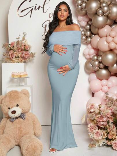 Loomaby Vestido largo de manga larga para embarazadas con hombros descubiertos y cola de pez para baby shower