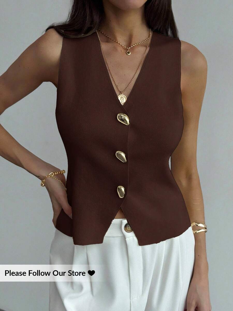 Aloruh Women's Casual Solid Color Front Button Tank Top, Summer In Fall/Winter,Brown Sweater,Brown Top  Knitted Vest, Suitable For Commuting And Office Wear, Simple And Casual, With Unique Metal Buckle.