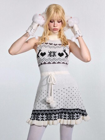 ROMWE Avant Vestido de suéter ajustado con cuello alto, sin mangas, con estampado de ciervos jacquard y cintura con lazo, de estilo retro Fair Isle para mujer