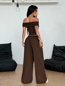 Coolane 女士秋季 Y2K 街头服饰日常基本休闲露肩短款 T 恤和宽松裤两件套服装 - 棕色 - 查看 4