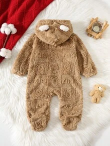 SHEIN 男婴可爱毛绒卡通图案连帽连体衣，秋冬季婴儿休闲拉链连体衣，小熊连帽连体衣，保暖连体衣 - 彩色 - 查看 2