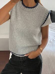 DAZY 女士休闲撞色针织背心，秋冬 - 灰色 - 查看 7