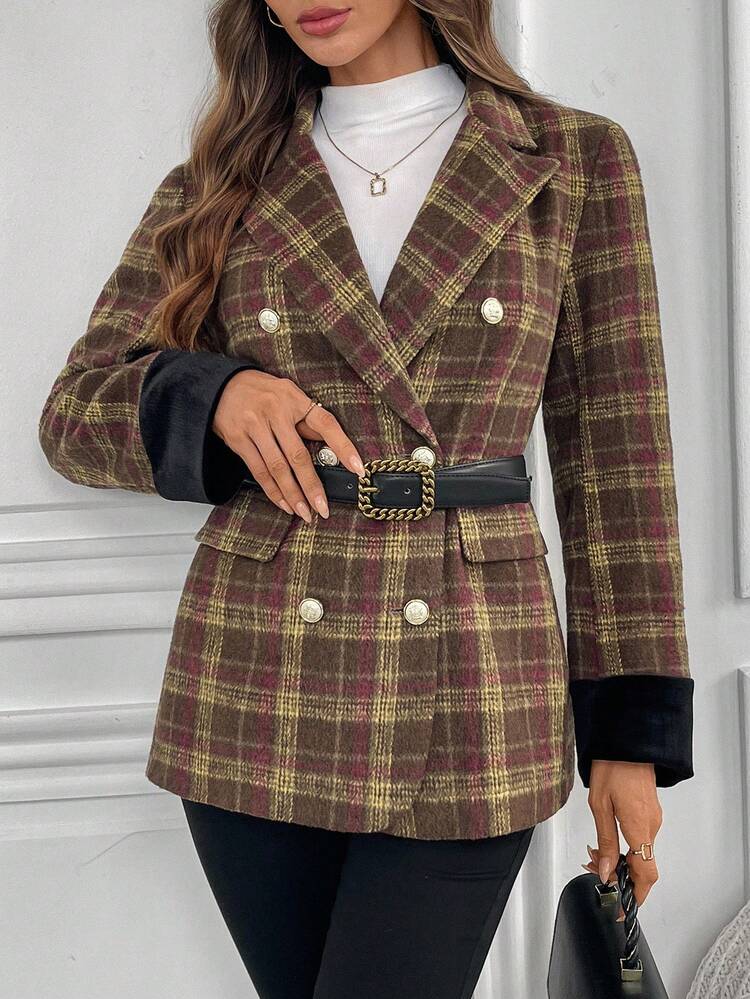 Women's Plaid Lapel NeckLong Sleeve Double-Breasted Casual Blazer Jacket, Autumn