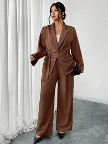 SHEIN Privé Plus Size Casual Commuter Solid Color Jacket And Pants Suit - Mocha Brown - View 6