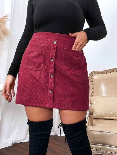 EMERY ROSE Plus Size Solid Color Minimalist Casual Skirt Women Skirts Red Maroon Skirt Burgundy Skirt High Waisted Skirt