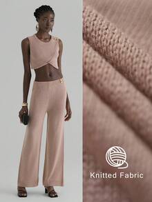 Glamine Pantalones de punto de unicolor casual con botones decorativos para mujer, otoño/invierno - Caqui - Ver 7