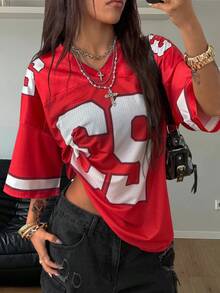 Coolane Women's & Men's Summer Streetwear Y2K Cute Concert Graphics Number Pattern Loose V-Neck Jersey T-Shirt - Red - View 1