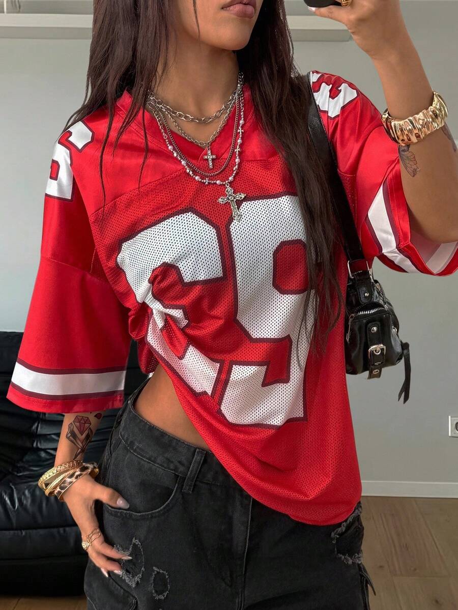 Coolane Women's & Men's Summer Streetwear Y2K Cute Concert Graphics Number Pattern Loose V-Neck Jersey T-Shirt - Red - View 1