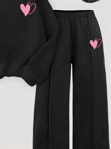 Sparklyn 1 套青少年女孩时尚休闲粉色心形印花圆领运动衫和阔腿运动裤套装，百搭秋冬装 - 黑色 - 查看 4