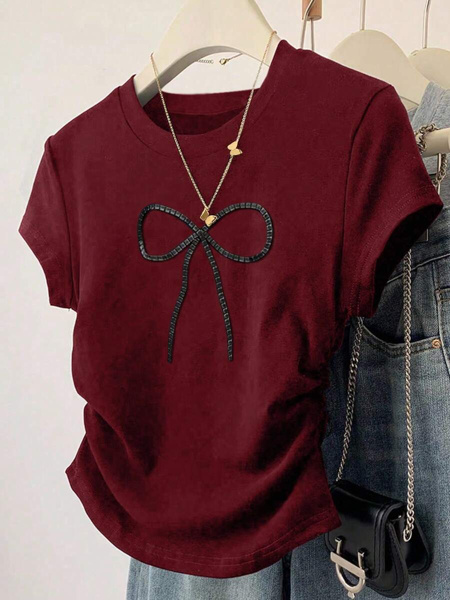 SHEIN 女式圆领短袖荷叶边蝴蝶结装饰T恤 - 酒紅色 - 查看 1