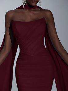 Elitara Elegant Luxurious Light Blue Elastic Mesh Boat Neck Full Ruffle Sequin Bridesmaid Dress - Burgundy - View 6