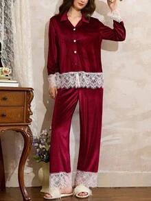 Côtesoire 女士优雅法式撞色蕾丝天鹅绒领上衣及裤子睡衣套装，秋冬服装，圣诞节 - 酒紅色 - 查看 4