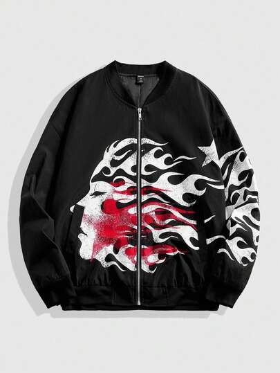 Street Life Men Portrait Punk Print Zip-Up Casual Long Sleeve Jacket, Fall