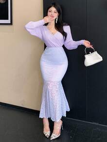 DAZY Váy đuôi cá phối ren sang trọng thanh lịch dành cho nữ - Hồng - Xem 6