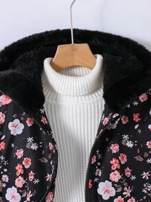 SHEIN Tween Girl Fluffy Collar Hooded Printed Thermal Lined Jacket - Navy Blue - View 5