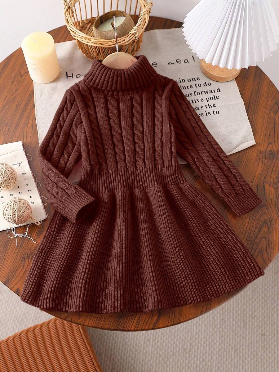 Elladie kids 女童(小)A字高领针织连衣裙 - 巧克力棕 - 查看 1