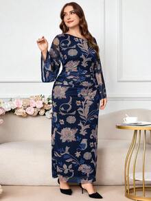 Modelyn 大码女式优雅花卉印花不对称领口荷叶边喇叭袖合身弹力连衣裙 - 藍色 - 查看 6
