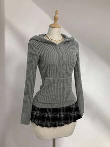 Elamini Casual Versatile Solid Color Hooded Women Sweater - Grey - View 3