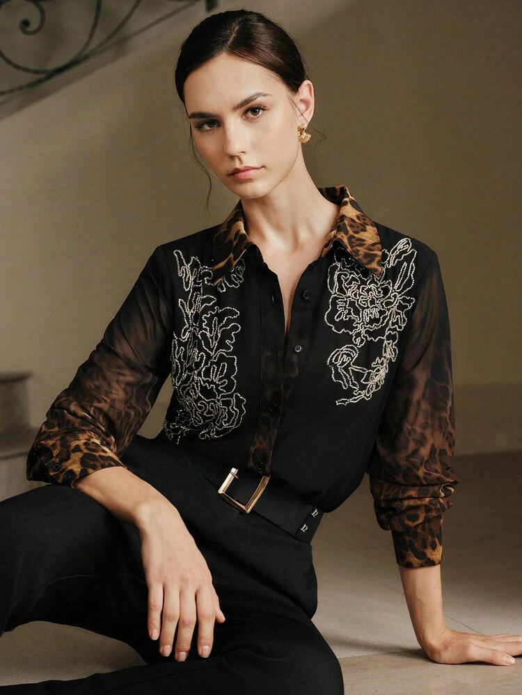 Autumn Semi-Sheer Ombre Leopard Print Patchwork Pearl Embroidery Long Sleeve Stand Collar Women Blouse