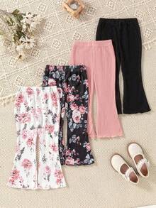 SHEIN 4pcs Young Girl Bohemian Floral + Solid Color Flare Leg Pants Casual Trousers, Versatile For Spring & Summer