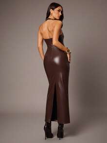 Silquee Vestido ajustado y sexy sin mangas con cuello halter y espalda descubierta, versátil - Marrón - Ver 2