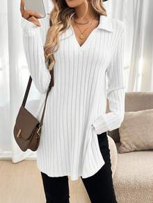 SHEIN LUNE 女式秋冬毛绒罗纹 Polo 领长袖长 T 恤 - 白色 - 查看 6