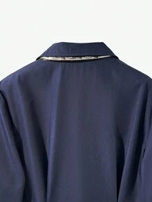 INAWLY Plus Size Women Bow Tie Collar Single-Breasted Casual/Work Shirt, Long Sleeve - Navy Blue - View 6